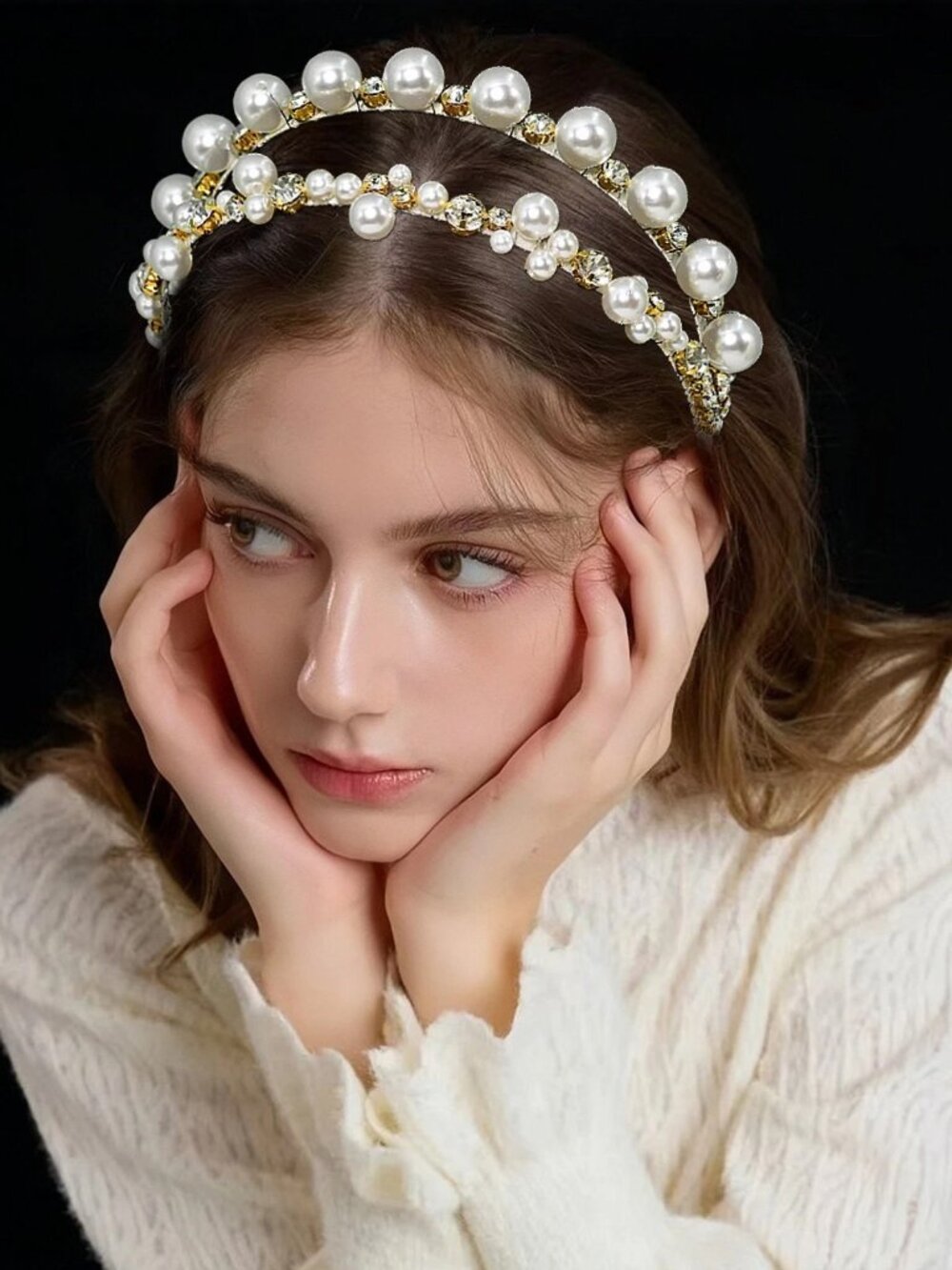 Gold Double Row Pearl Headband for Women, Elegant Double Loop Rhinestone Wedding